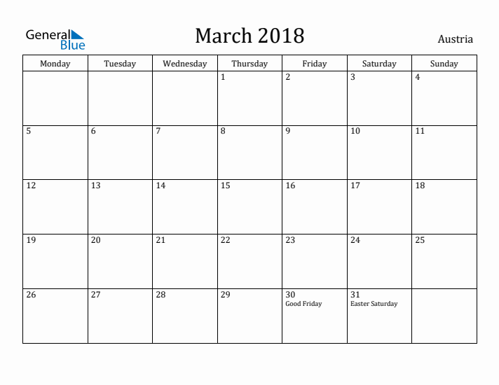 March 2018 Calendar Austria