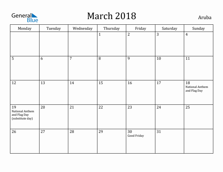 March 2018 Calendar Aruba