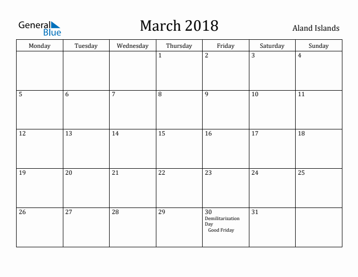March 2018 Calendar Aland Islands