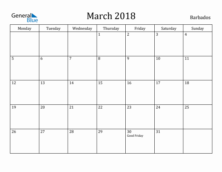 March 2018 Calendar Barbados
