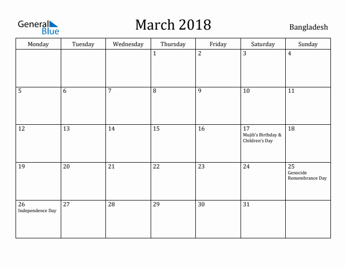 March 2018 Calendar Bangladesh