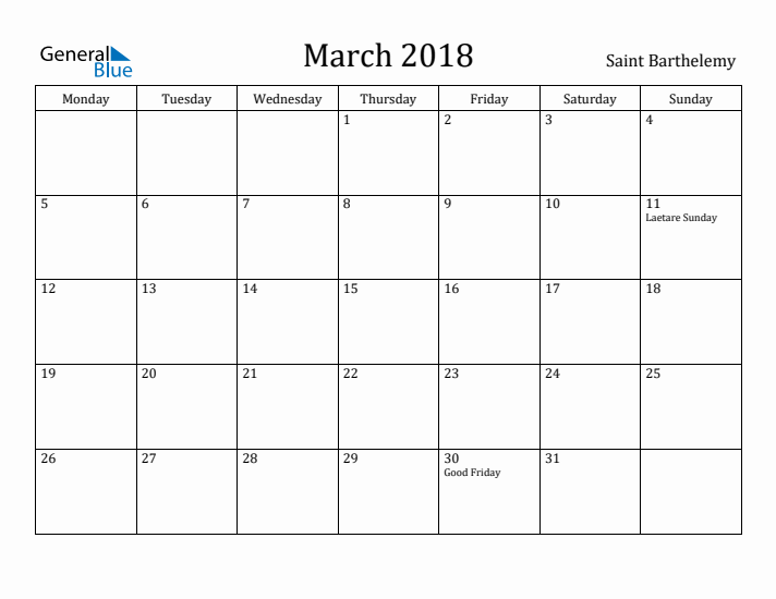 March 2018 Calendar Saint Barthelemy