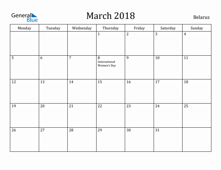 March 2018 Calendar Belarus