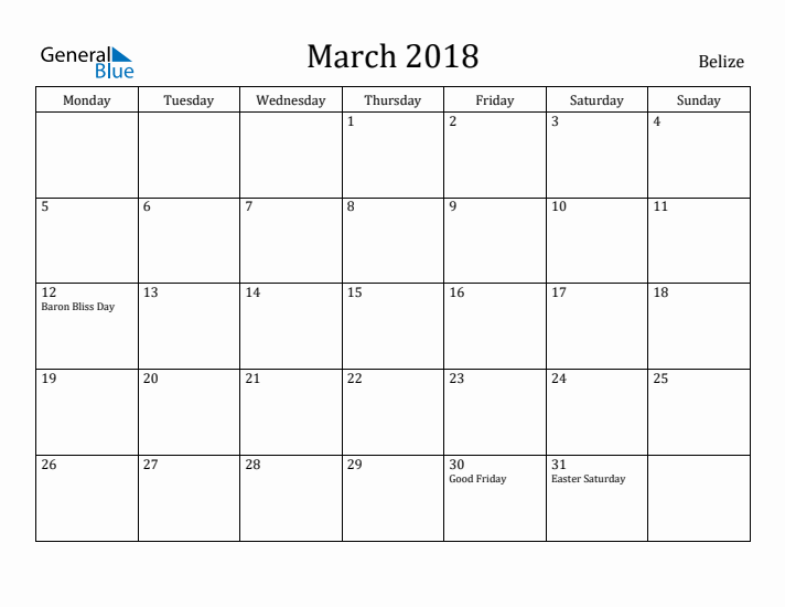 March 2018 Calendar Belize
