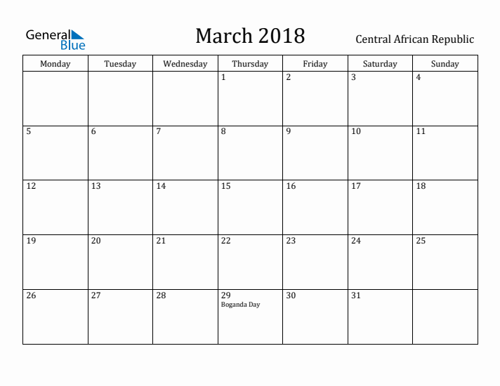 March 2018 Calendar Central African Republic