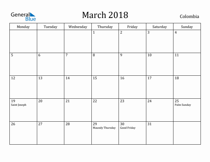 March 2018 Calendar Colombia