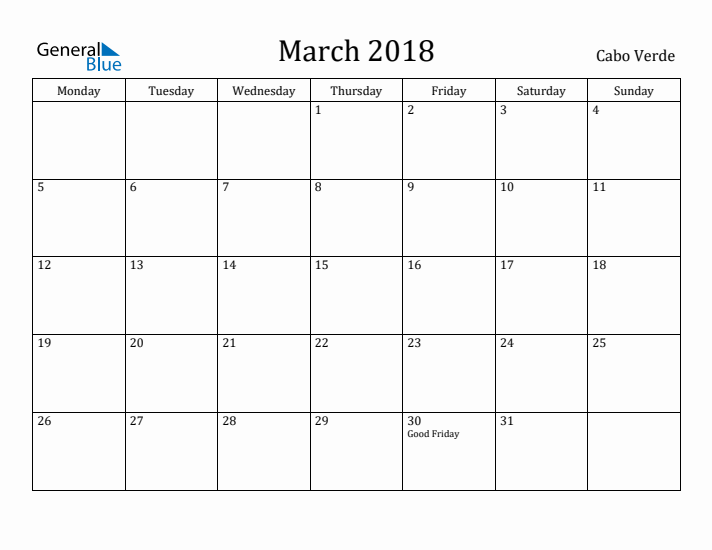 March 2018 Calendar Cabo Verde