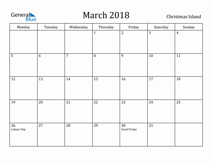 March 2018 Calendar Christmas Island