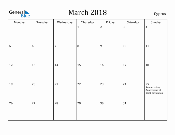 March 2018 Calendar Cyprus