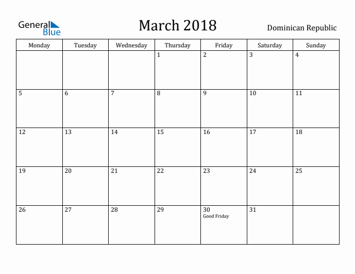 March 2018 Calendar Dominican Republic