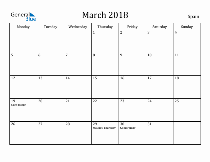 March 2018 Calendar Spain