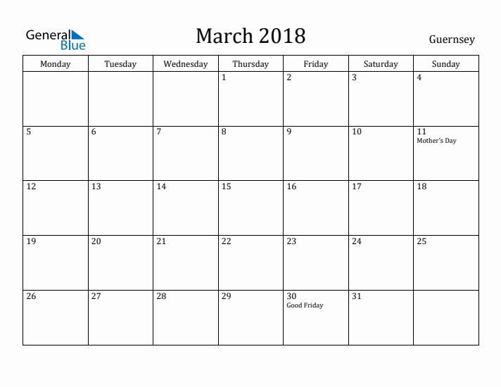 March 2018 Calendar Guernsey