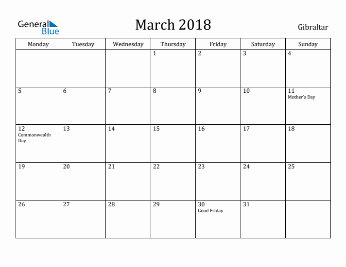March 2018 Calendar Gibraltar