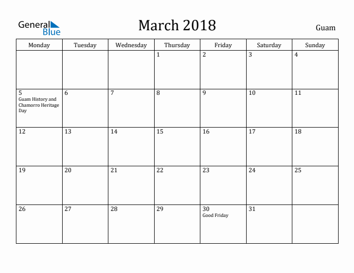 March 2018 Calendar Guam