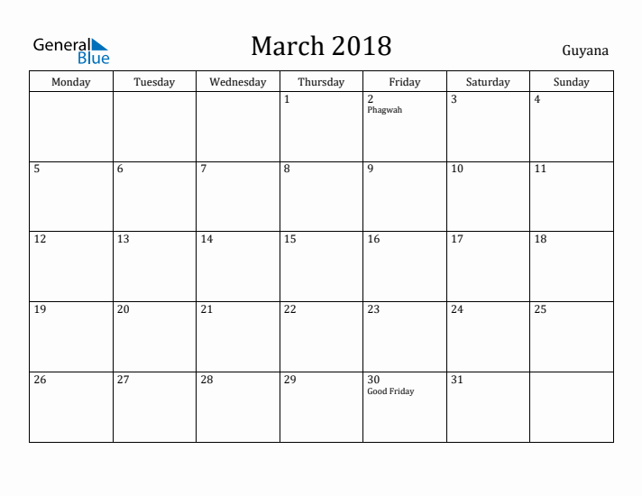 March 2018 Calendar Guyana