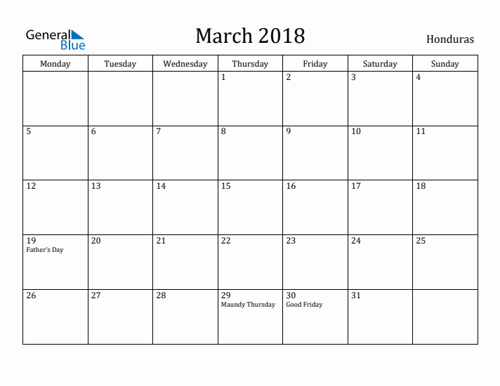 March 2018 Calendar Honduras