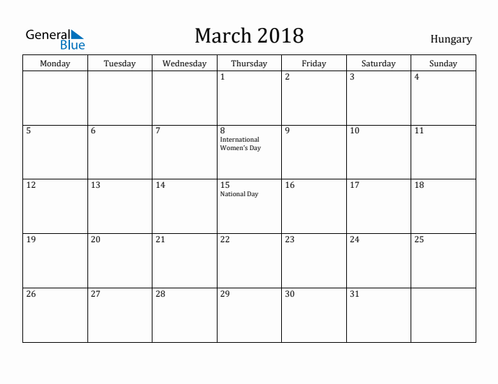 March 2018 Calendar Hungary