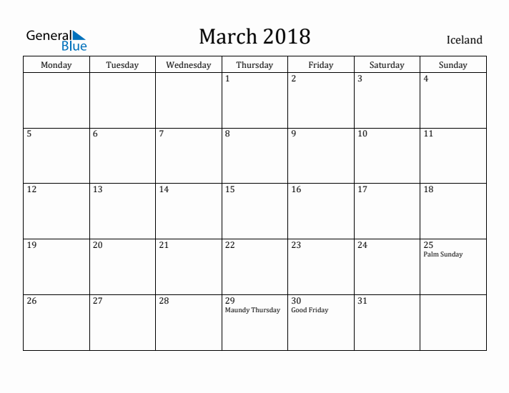 March 2018 Calendar Iceland