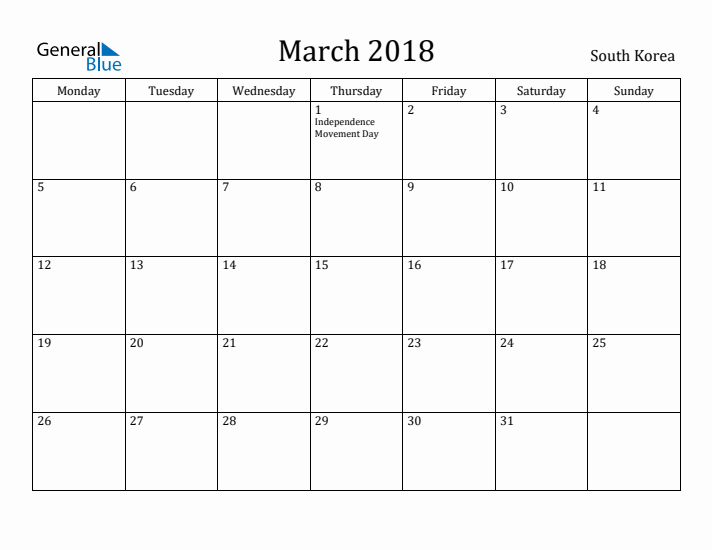 March 2018 Calendar South Korea