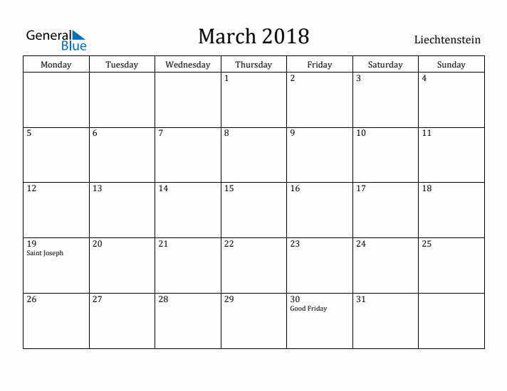 March 2018 Calendar Liechtenstein