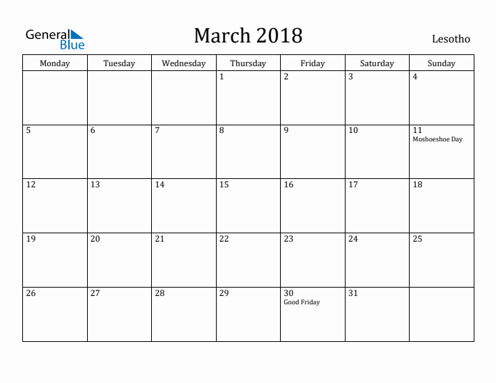 March 2018 Calendar Lesotho
