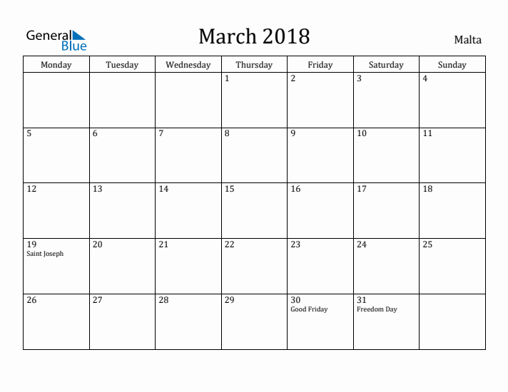 March 2018 Calendar Malta