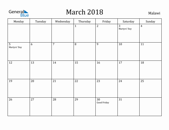 March 2018 Calendar Malawi