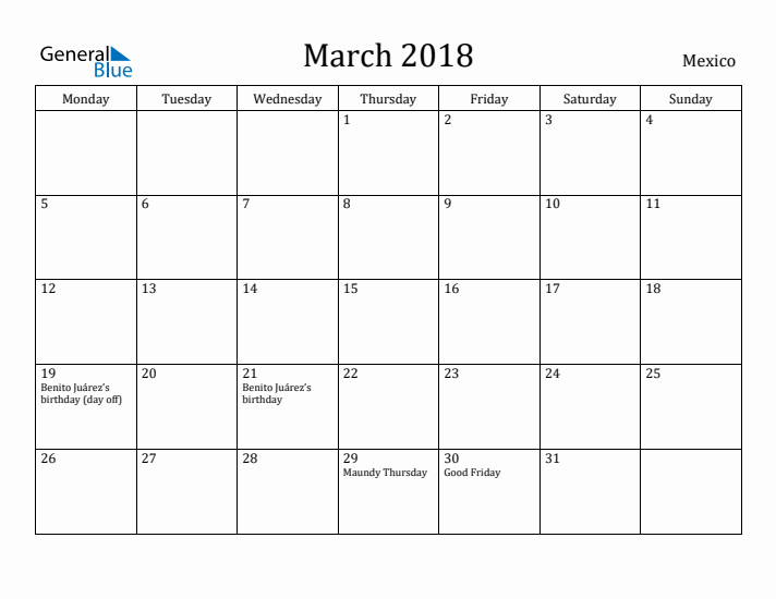 March 2018 Calendar Mexico