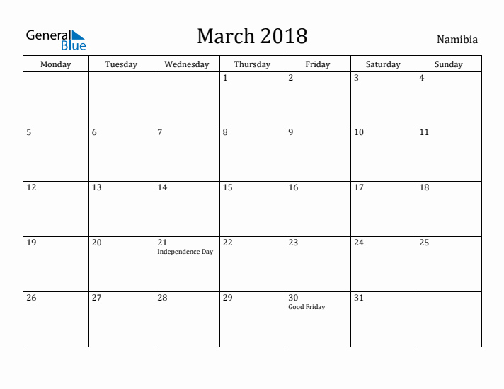 March 2018 Calendar Namibia