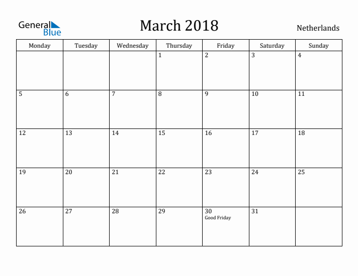 March 2018 Calendar The Netherlands
