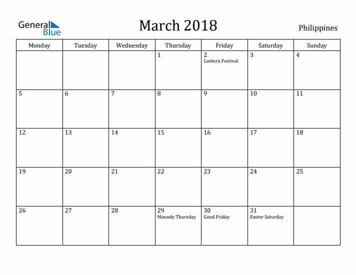 March 2018 Calendar Philippines