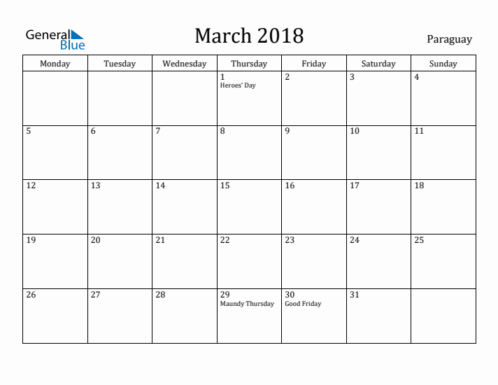 March 2018 Calendar Paraguay