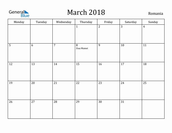March 2018 Calendar Romania