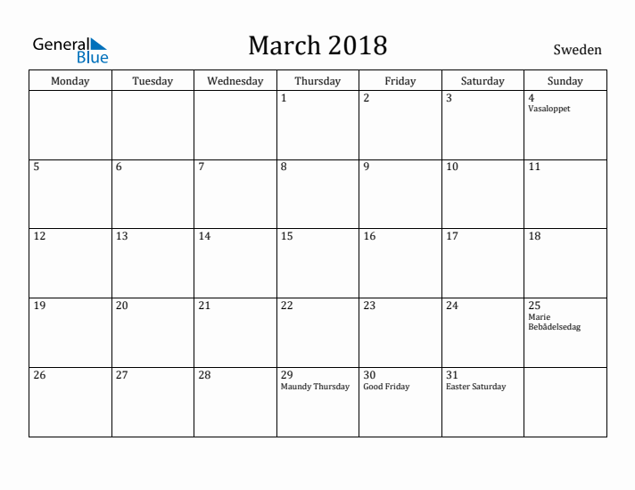 March 2018 Calendar Sweden