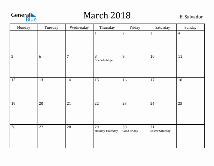 March 2018 Calendar El Salvador