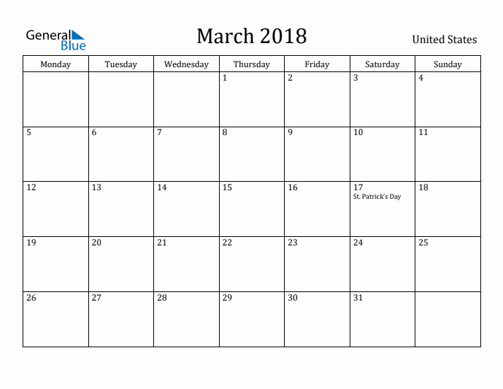 March 2018 Calendar United States