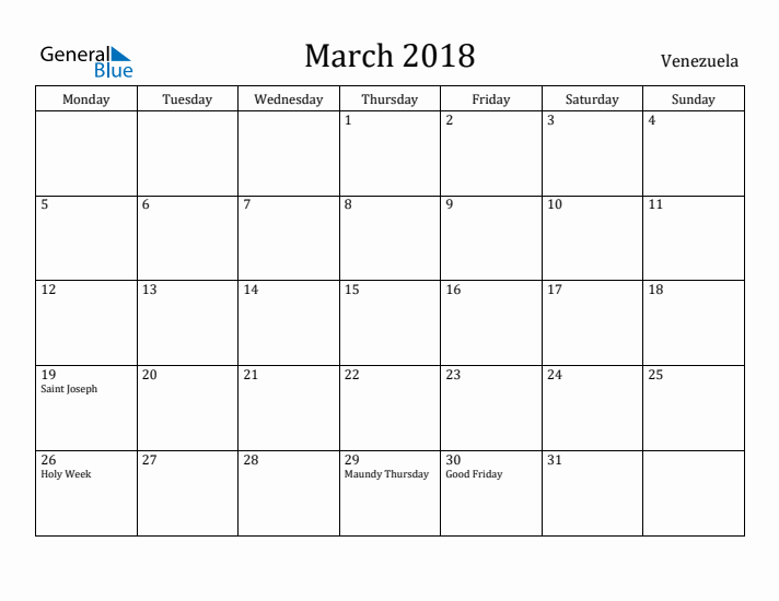 March 2018 Calendar Venezuela