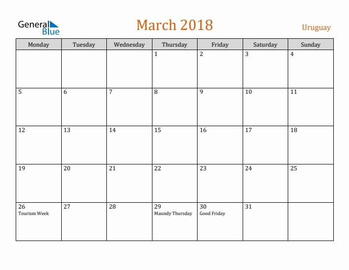 March 2018 Holiday Calendar with Monday Start