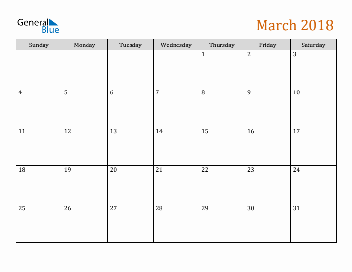 Editable March 2018 Calendar