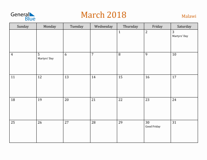 March 2018 Holiday Calendar with Sunday Start