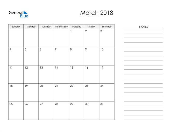 March 2018 Calendar (PDF Word Excel)