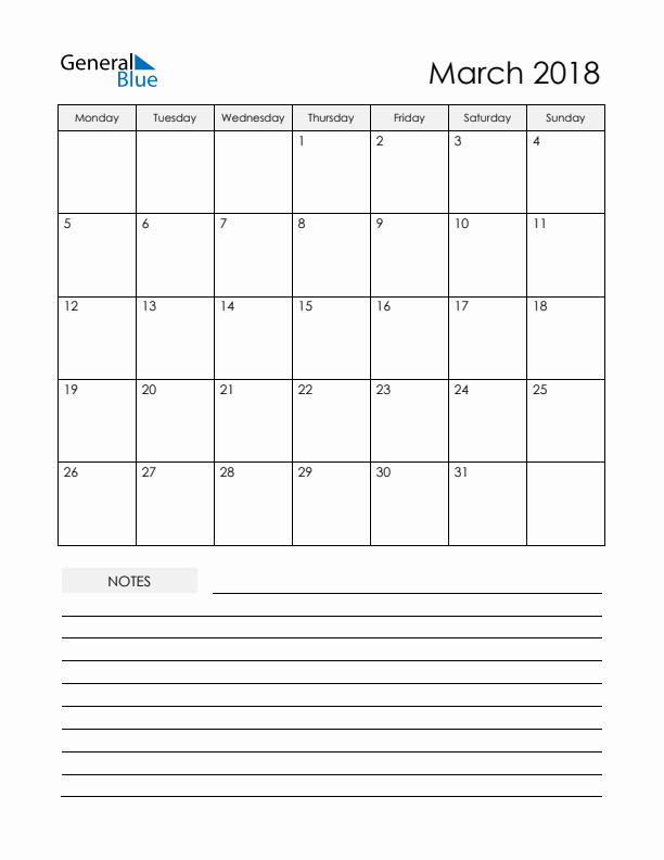 Printable Calendar with Notes - March 2018 