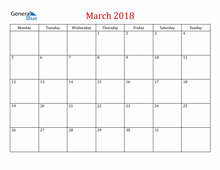 Blank March 2018 Calendar with Monday Start
