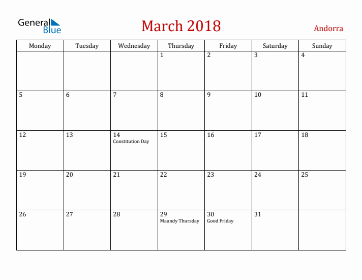 Andorra March 2018 Calendar - Monday Start