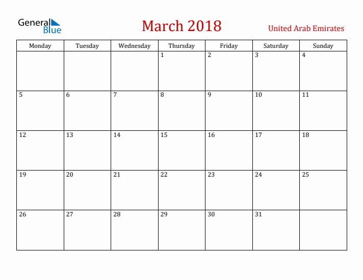 United Arab Emirates March 2018 Calendar - Monday Start