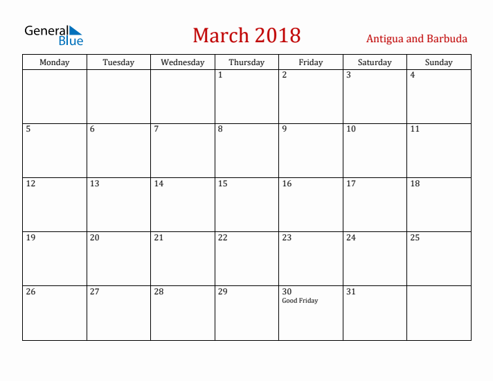 Antigua and Barbuda March 2018 Calendar - Monday Start