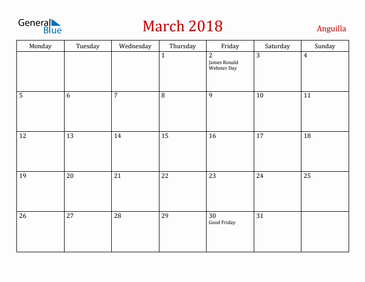 Anguilla March 2018 Calendar - Monday Start