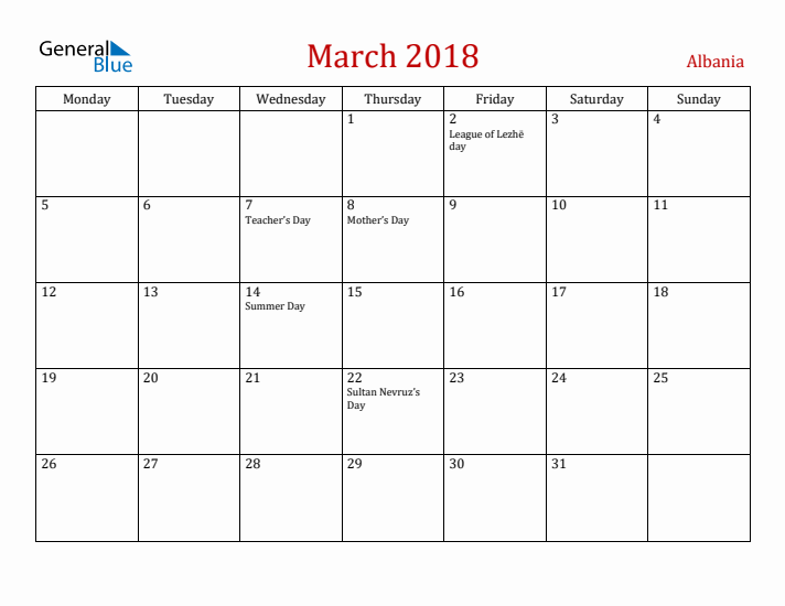 Albania March 2018 Calendar - Monday Start