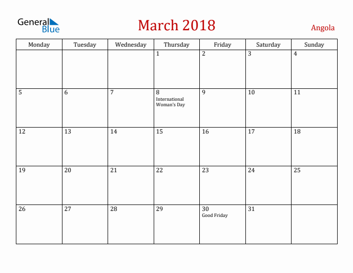 Angola March 2018 Calendar - Monday Start
