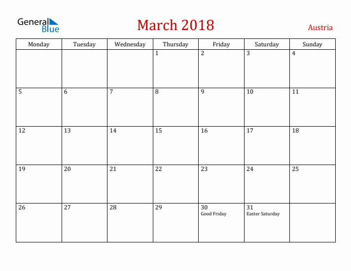 Austria March 2018 Calendar - Monday Start